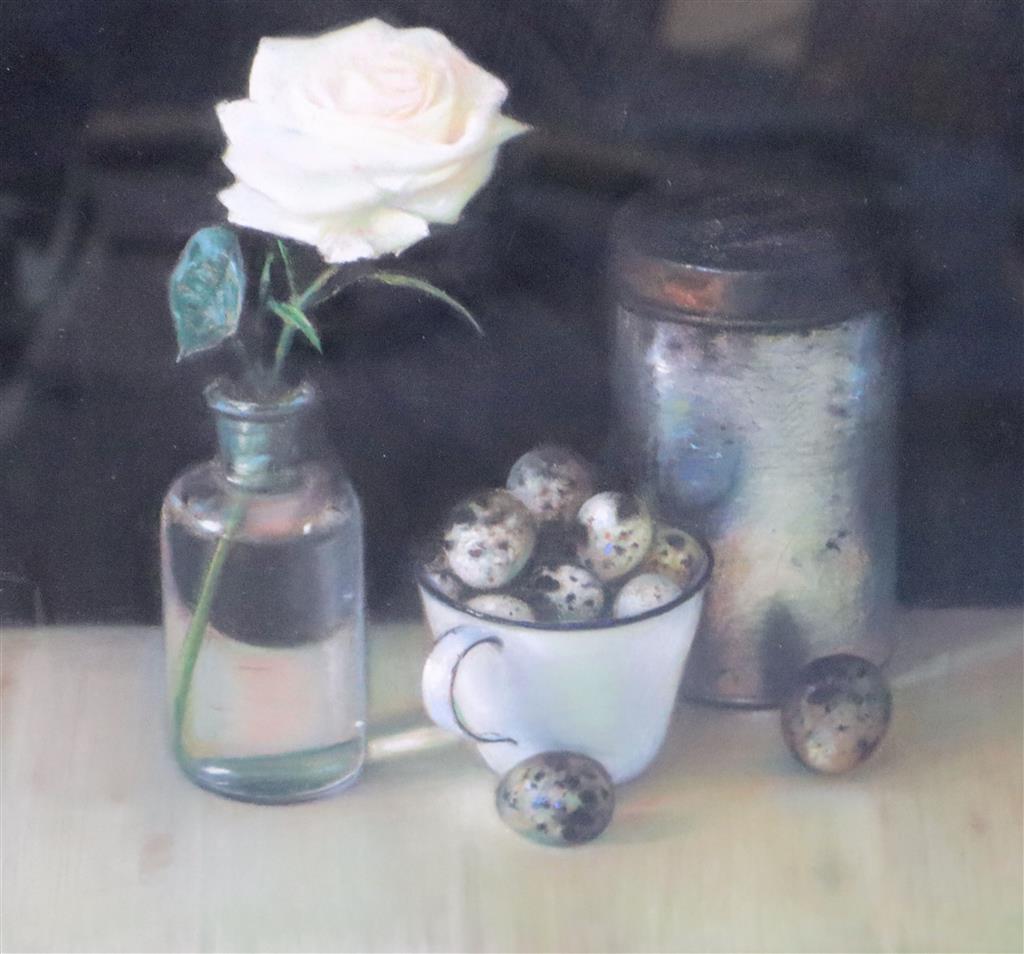 § Andrew Hemingway (1955-) Still life with birds eggs and a rose 8 x 8.25in.